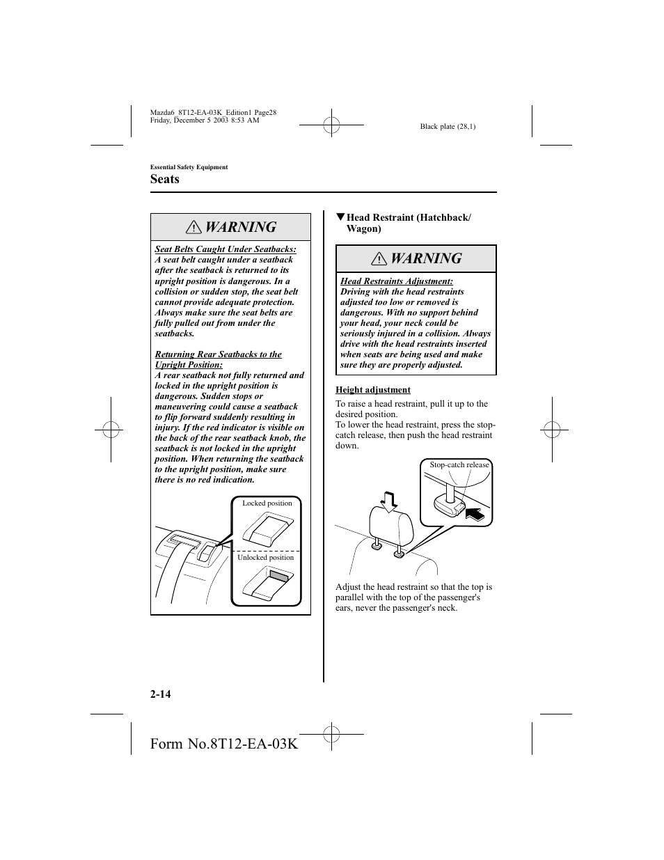 Warning, Seats | Mazda 8T12-EA-03K User Manual | Page 28 / 326