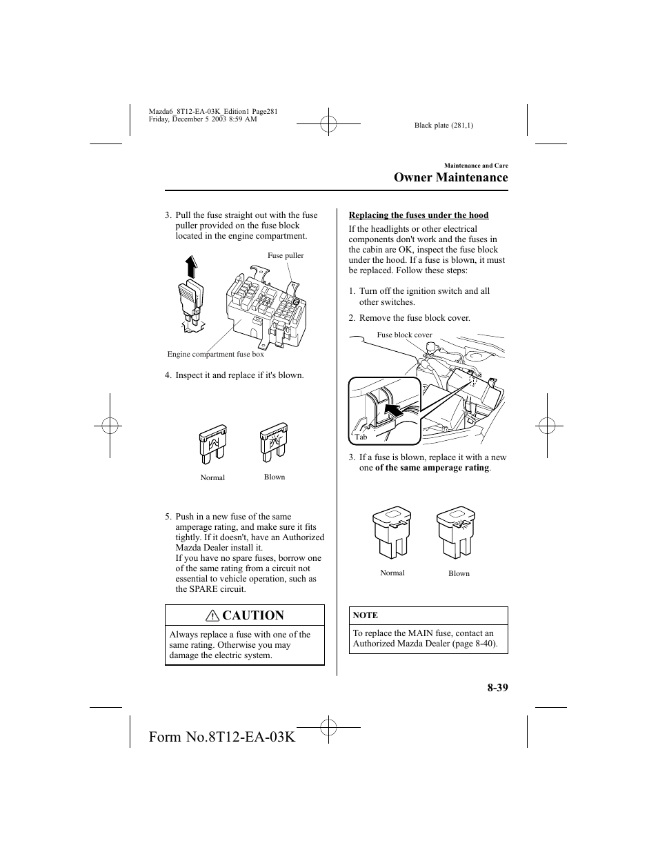 Caution, Owner maintenance | Mazda 8T12-EA-03K User Manual | Page 281 / 326