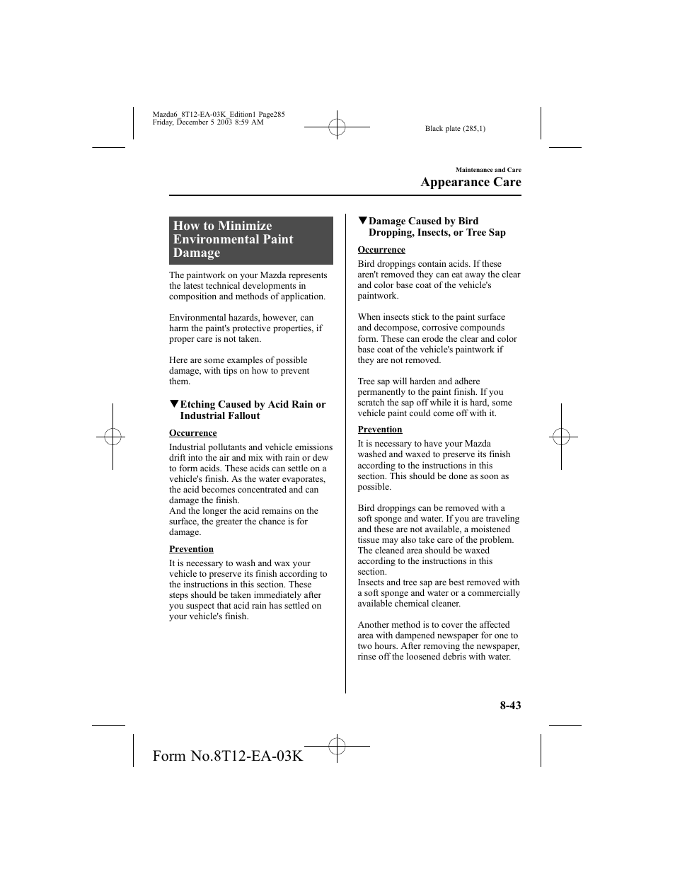How to minimize environmental paint damage, Appearance care | Mazda 8T12-EA-03K User Manual | Page 285 / 326