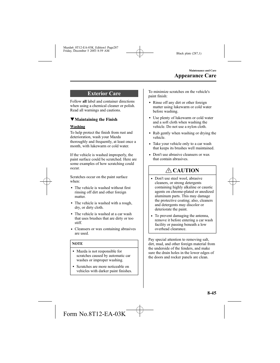 Exterior care, Caution, Appearance care | Qmaintaining the finish | Mazda 8T12-EA-03K User Manual | Page 287 / 326