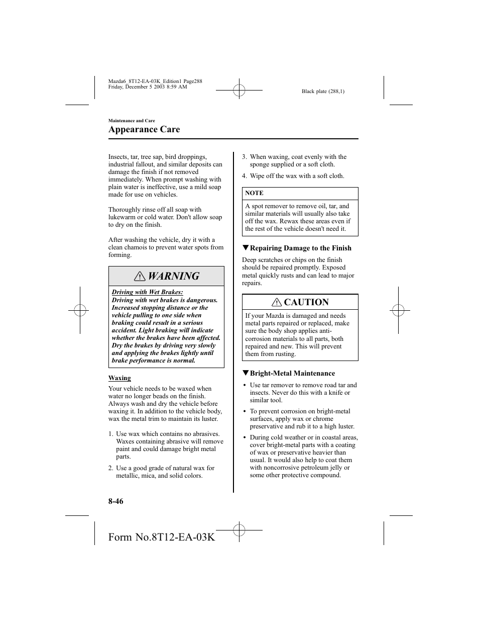 Warning, Caution, Appearance care | Mazda 8T12-EA-03K User Manual | Page 288 / 326