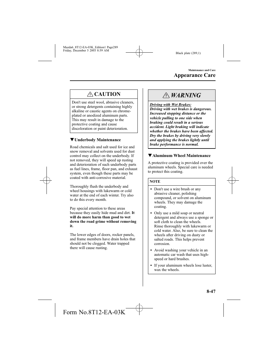 Warning, Caution, Appearance care | Mazda 8T12-EA-03K User Manual | Page 289 / 326