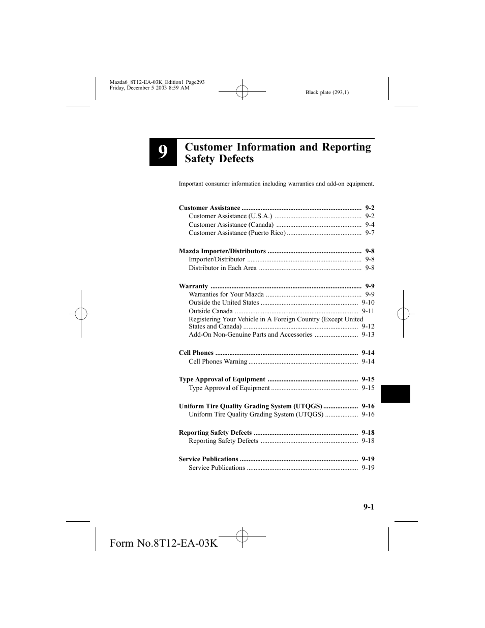 Customer information and reporting safety defects | Mazda 8T12-EA-03K User Manual | Page 293 / 326