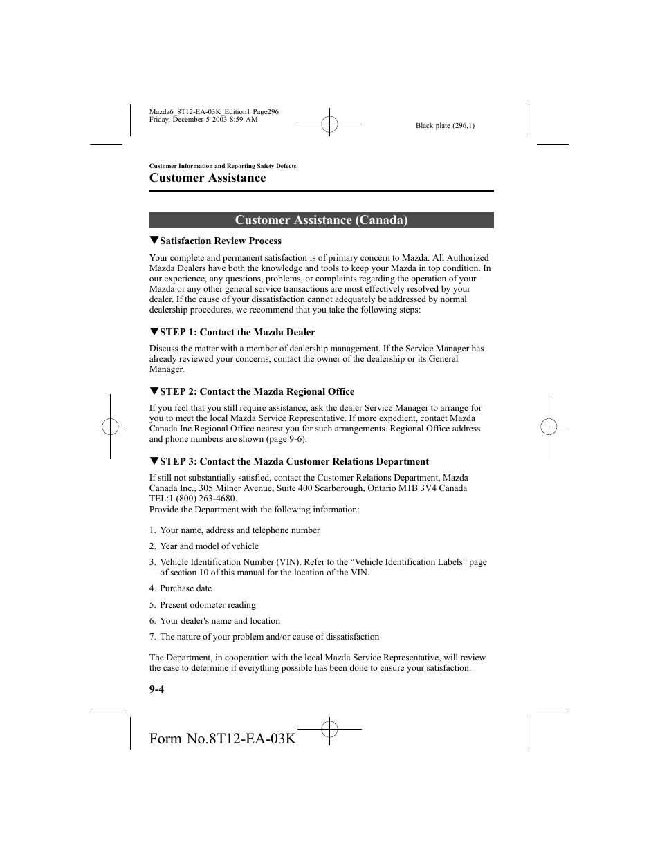 Customer assistance (canada), Customer assistance | Mazda 8T12-EA-03K User Manual | Page 296 / 326