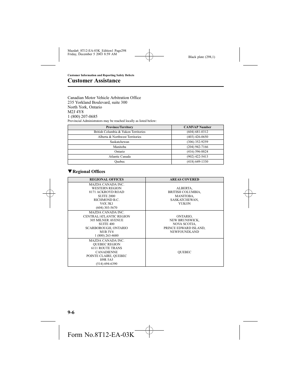 Customer assistance, Qregional offices | Mazda 8T12-EA-03K User Manual | Page 298 / 326