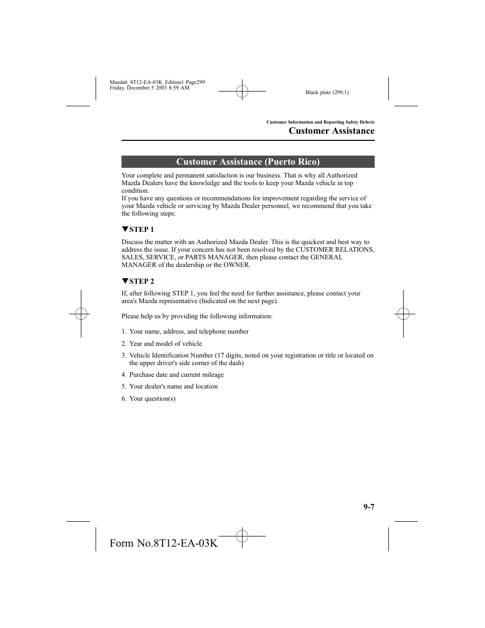 Customer assistance (puerto rico), Customer assistance | Mazda 8T12-EA-03K User Manual | Page 299 / 326