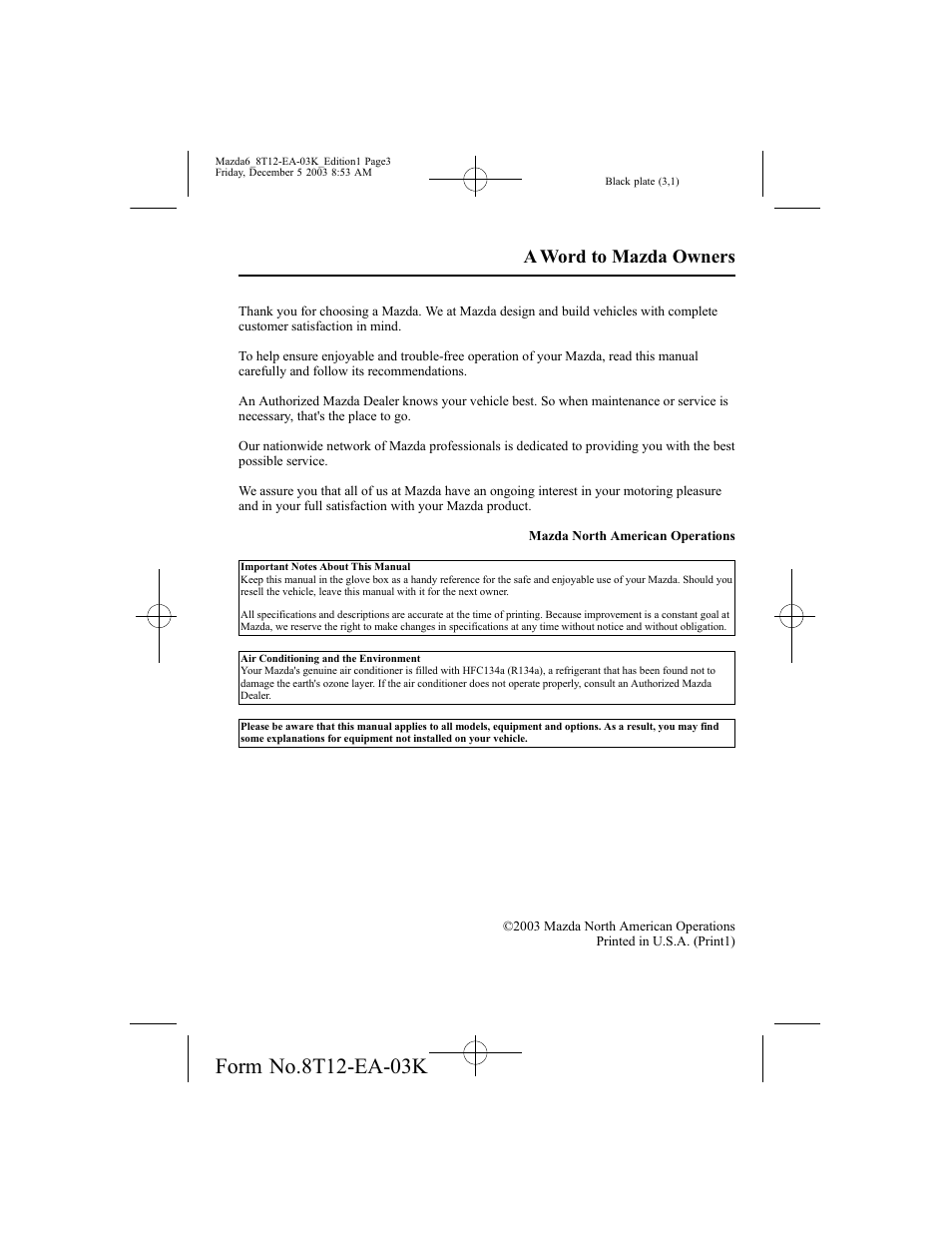 A word to mazda owners | Mazda 8T12-EA-03K User Manual | Page 3 / 326