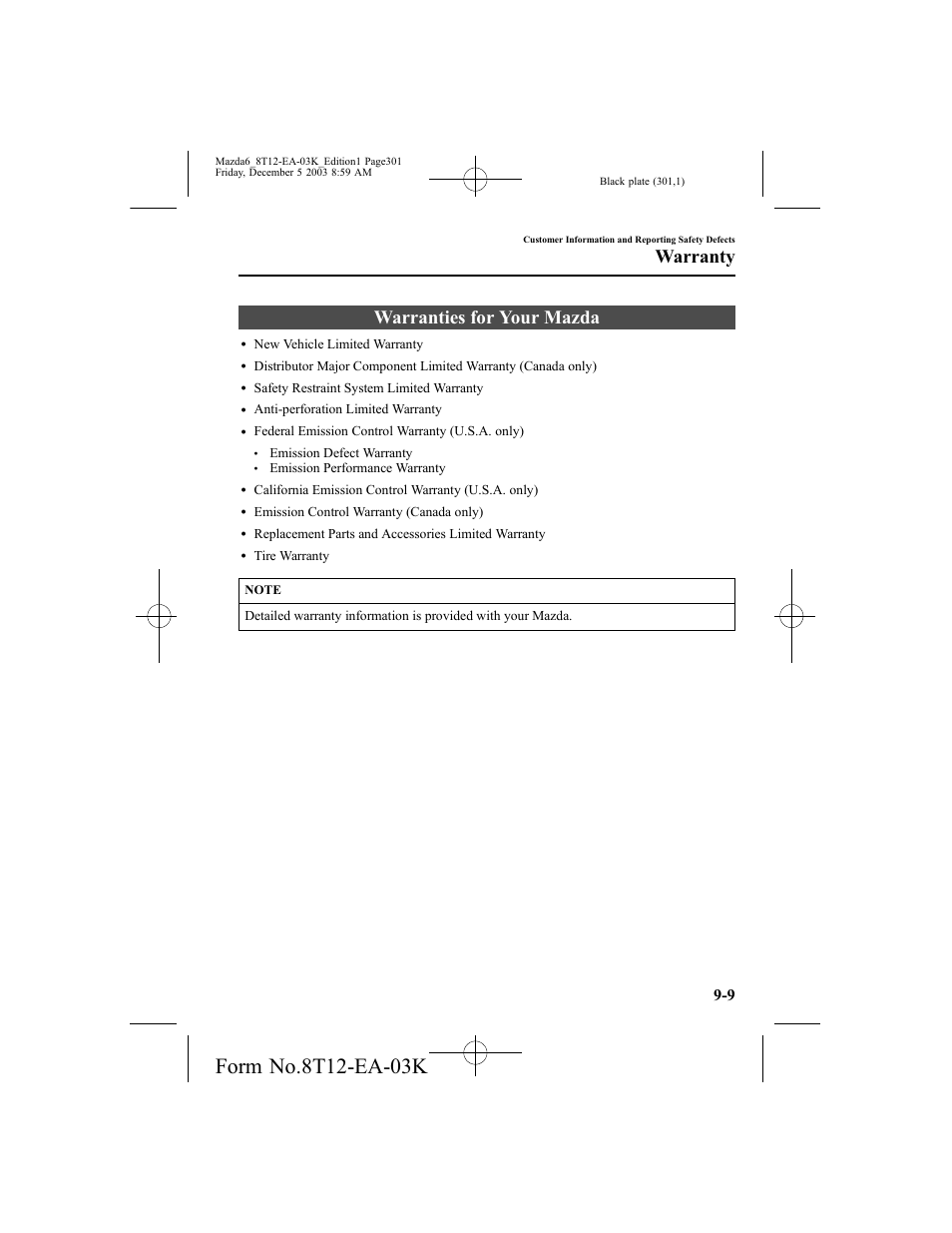 Warranties for your mazda, Warranty | Mazda 8T12-EA-03K User Manual | Page 301 / 326