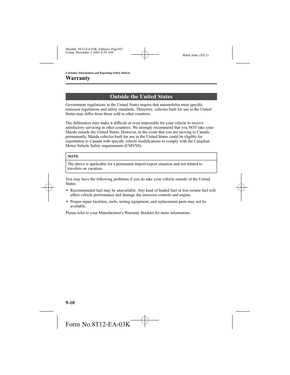 Outside the united states, Warranty | Mazda 8T12-EA-03K User Manual | Page 302 / 326