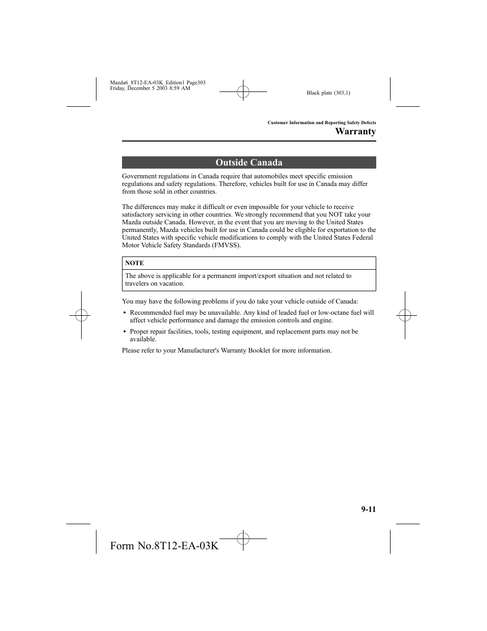 Outside canada, Warranty | Mazda 8T12-EA-03K User Manual | Page 303 / 326