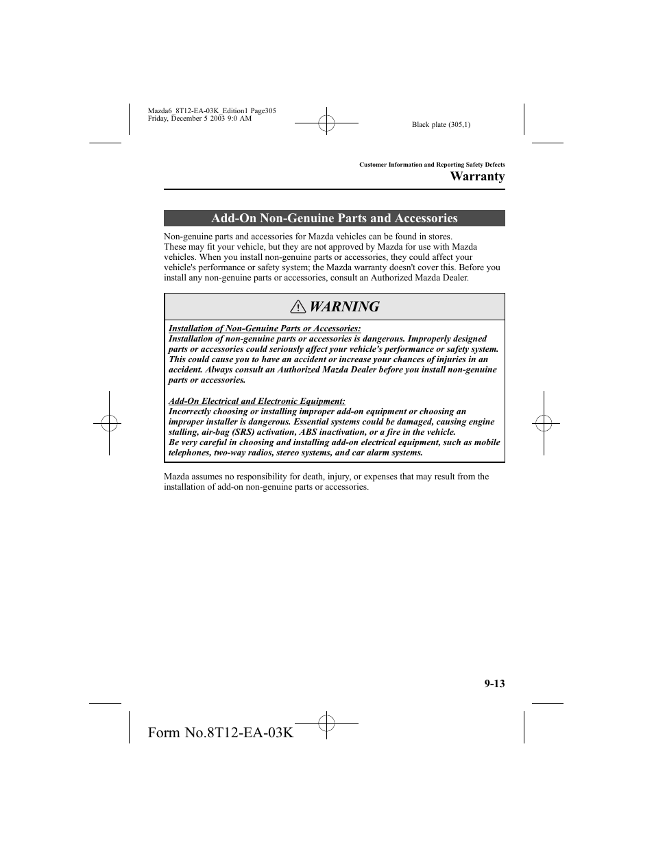 Warning, Add-on non-genuine parts and accessories, Warranty | Mazda 8T12-EA-03K User Manual | Page 305 / 326