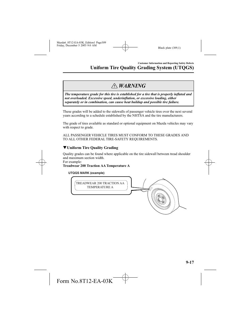 Warning, Uniform tire quality grading system (utqgs) | Mazda 8T12-EA-03K User Manual | Page 309 / 326