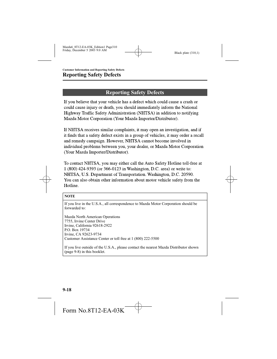 Reporting safety defects | Mazda 8T12-EA-03K User Manual | Page 310 / 326