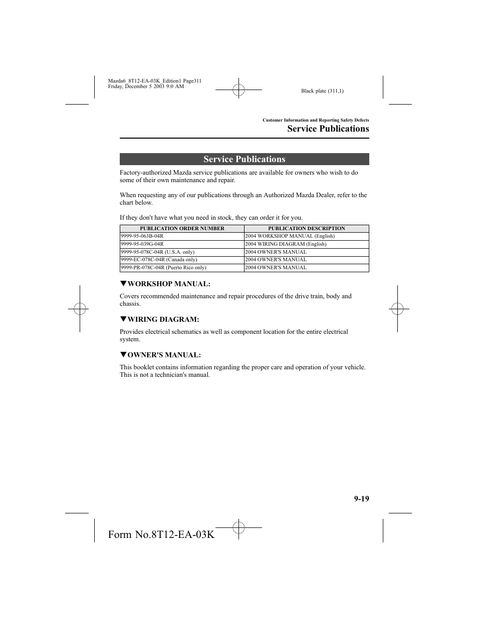 Service publications | Mazda 8T12-EA-03K User Manual | Page 311 / 326