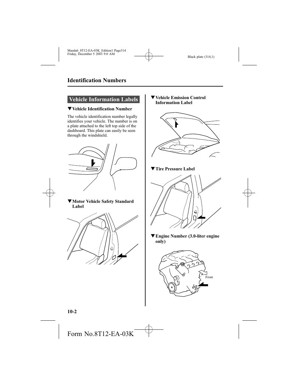 Vehicle information labels, Identification numbers | Mazda 8T12-EA-03K User Manual | Page 314 / 326