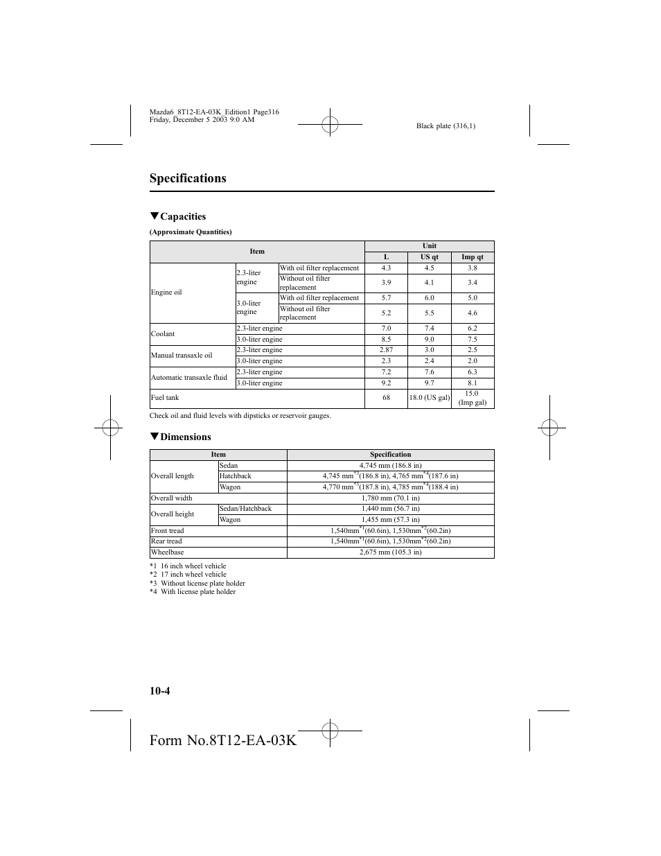 Specifications, Qcapacities, Qdimensions | Mazda 8T12-EA-03K User Manual | Page 316 / 326