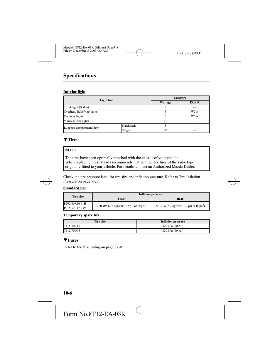 Specifications, Qtires, Qfuses | Mazda 8T12-EA-03K User Manual | Page 318 / 326