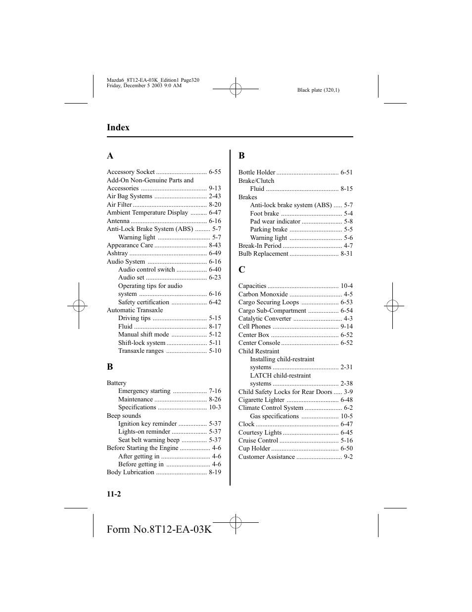 Index | Mazda 8T12-EA-03K User Manual | Page 320 / 326