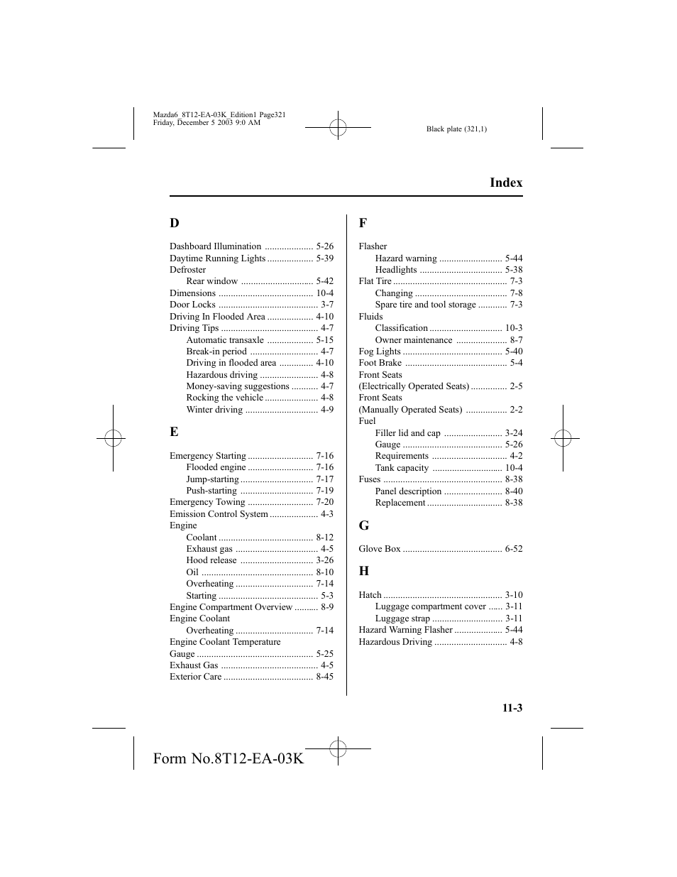 Index | Mazda 8T12-EA-03K User Manual | Page 321 / 326