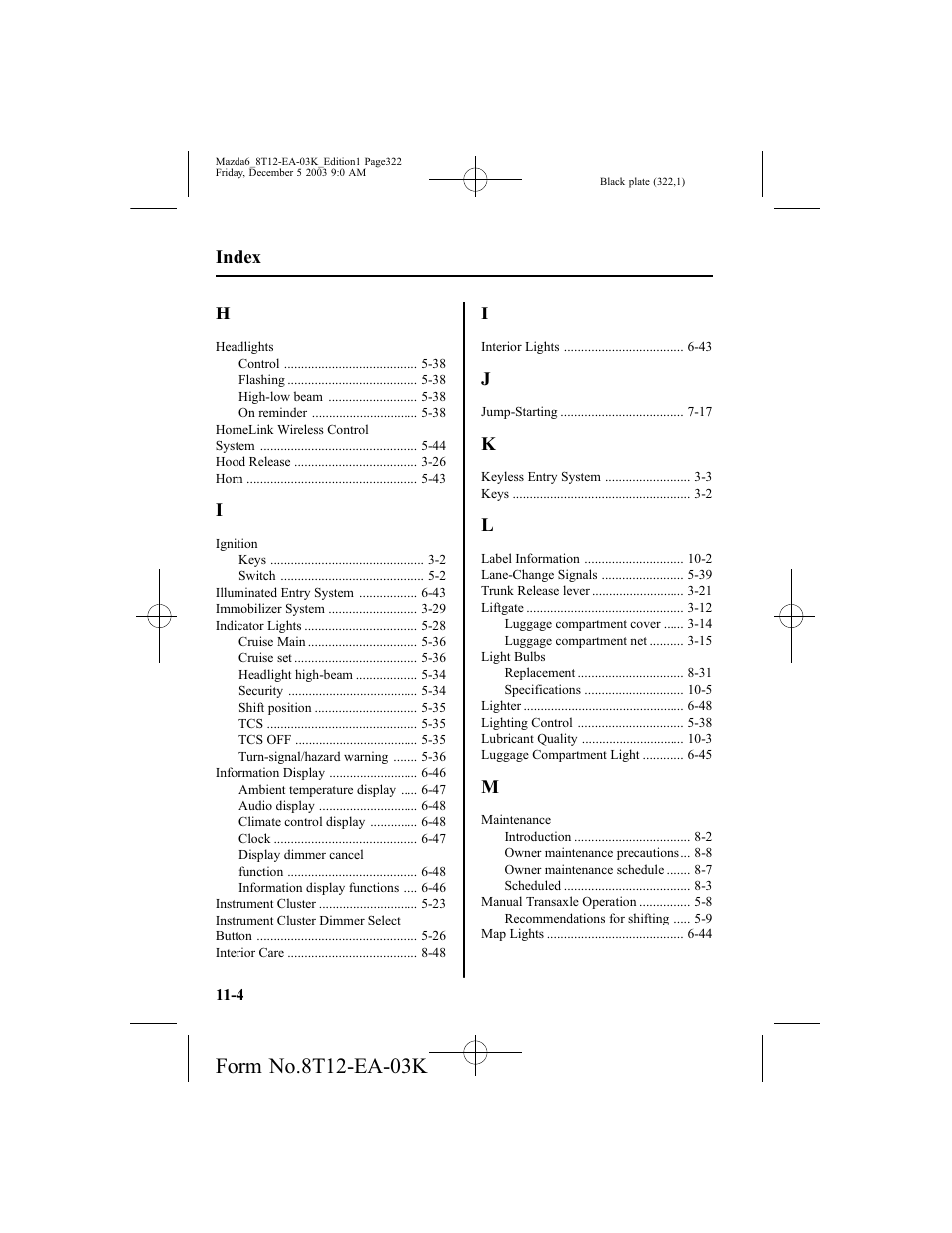 Index | Mazda 8T12-EA-03K User Manual | Page 322 / 326