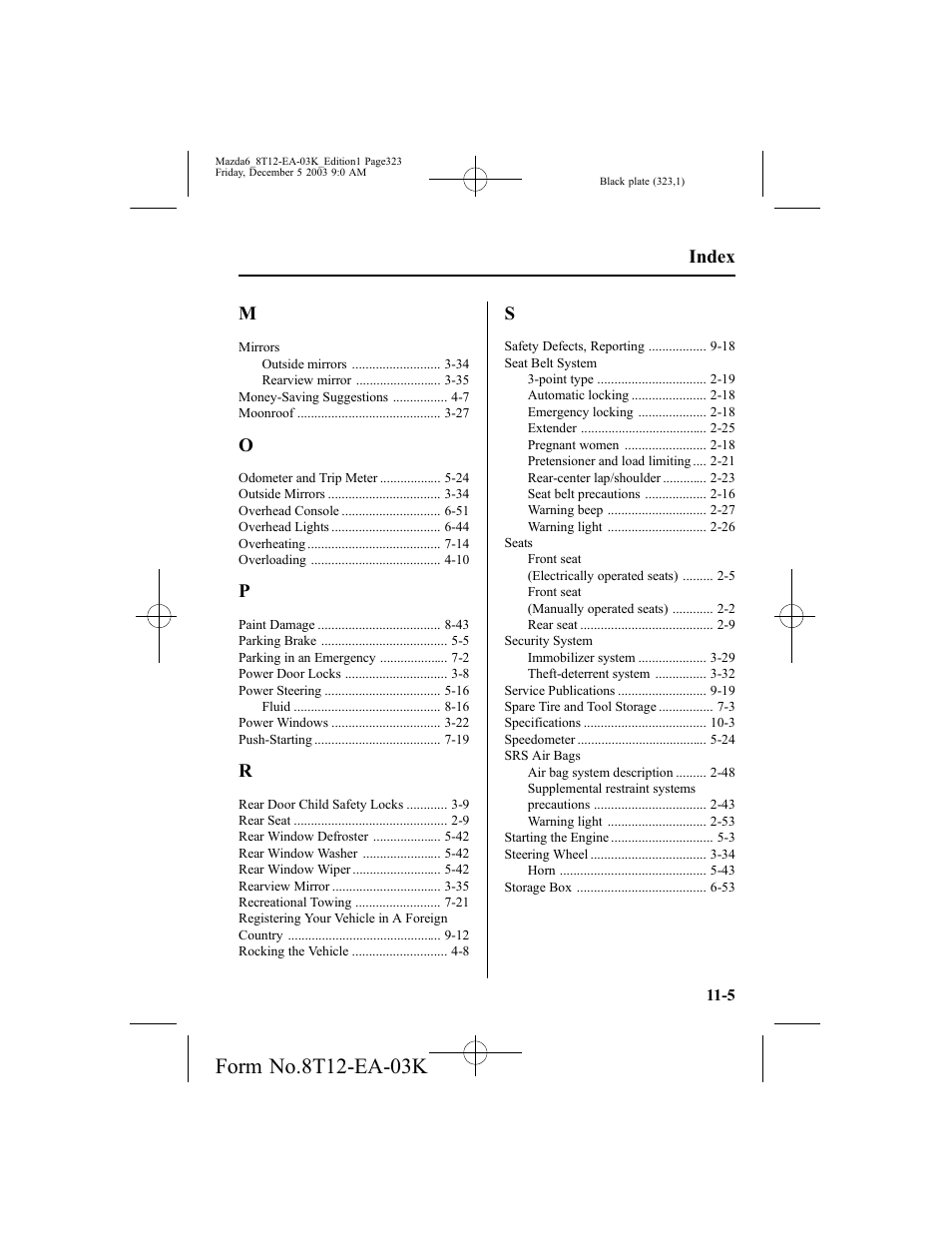 Index | Mazda 8T12-EA-03K User Manual | Page 323 / 326