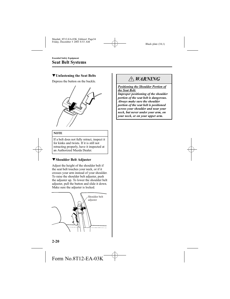 Warning, Seat belt systems | Mazda 8T12-EA-03K User Manual | Page 34 / 326