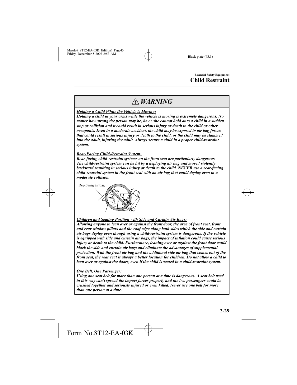 Warning, Child restraint | Mazda 8T12-EA-03K User Manual | Page 43 / 326