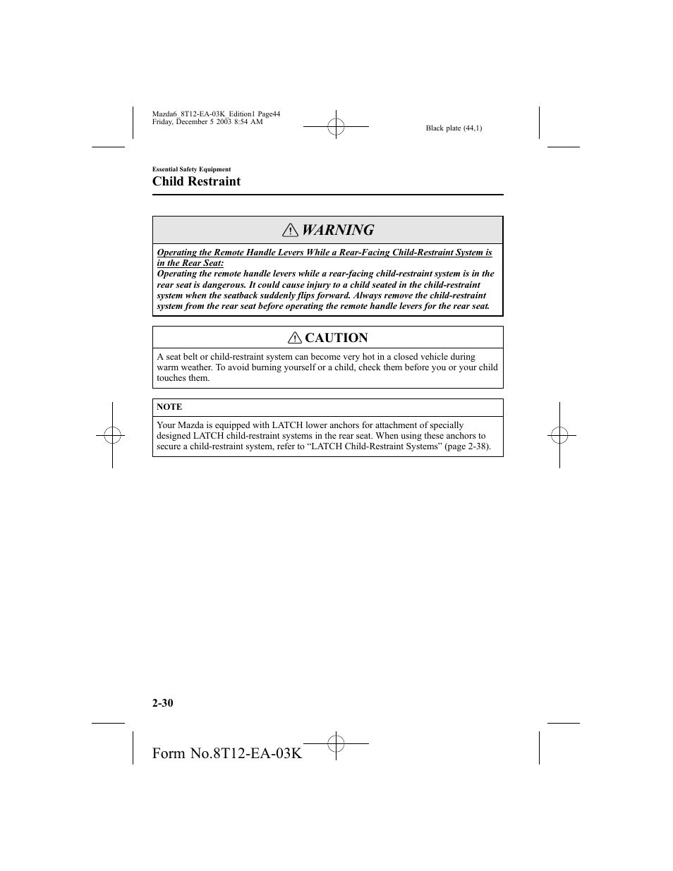 Warning, Caution, Child restraint | Mazda 8T12-EA-03K User Manual | Page 44 / 326
