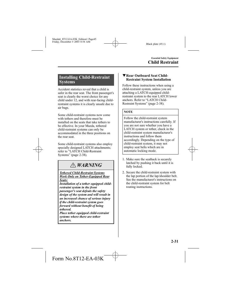 Warning, Installing child-restraint systems, Child restraint | Mazda 8T12-EA-03K User Manual | Page 45 / 326