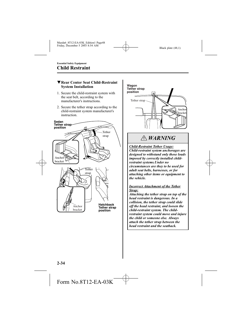 Warning, Child restraint | Mazda 8T12-EA-03K User Manual | Page 48 / 326