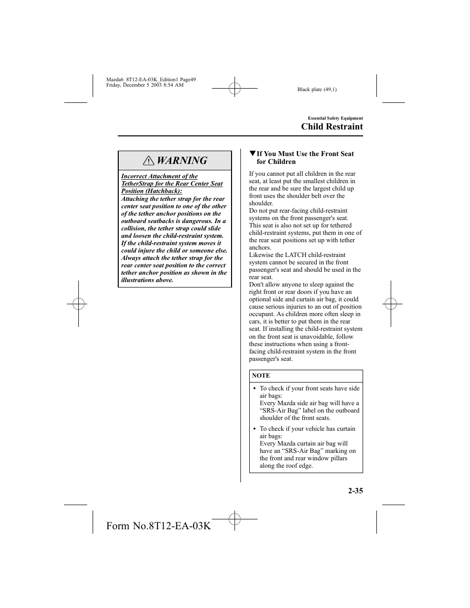 Warning, Child restraint | Mazda 8T12-EA-03K User Manual | Page 49 / 326