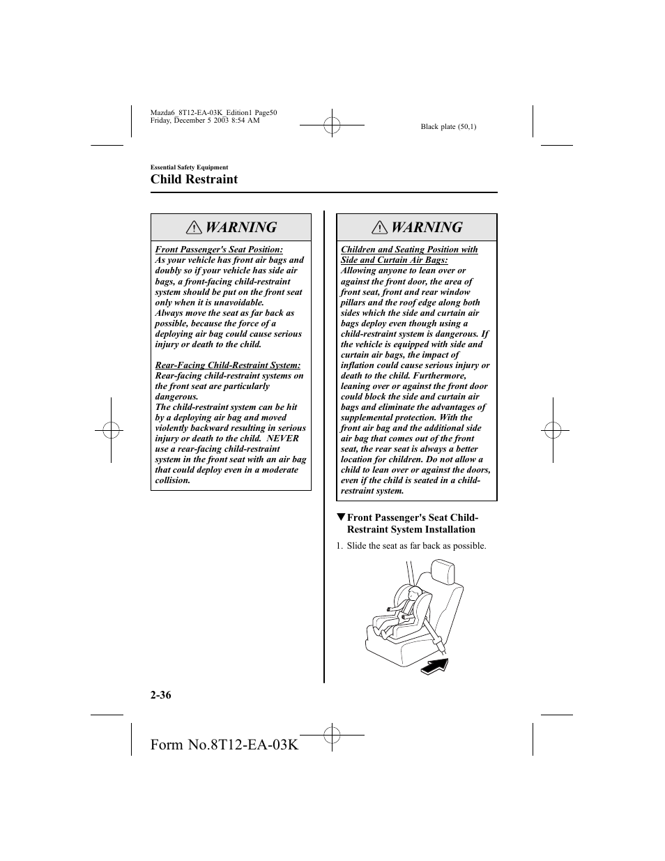 Warning, Child restraint | Mazda 8T12-EA-03K User Manual | Page 50 / 326