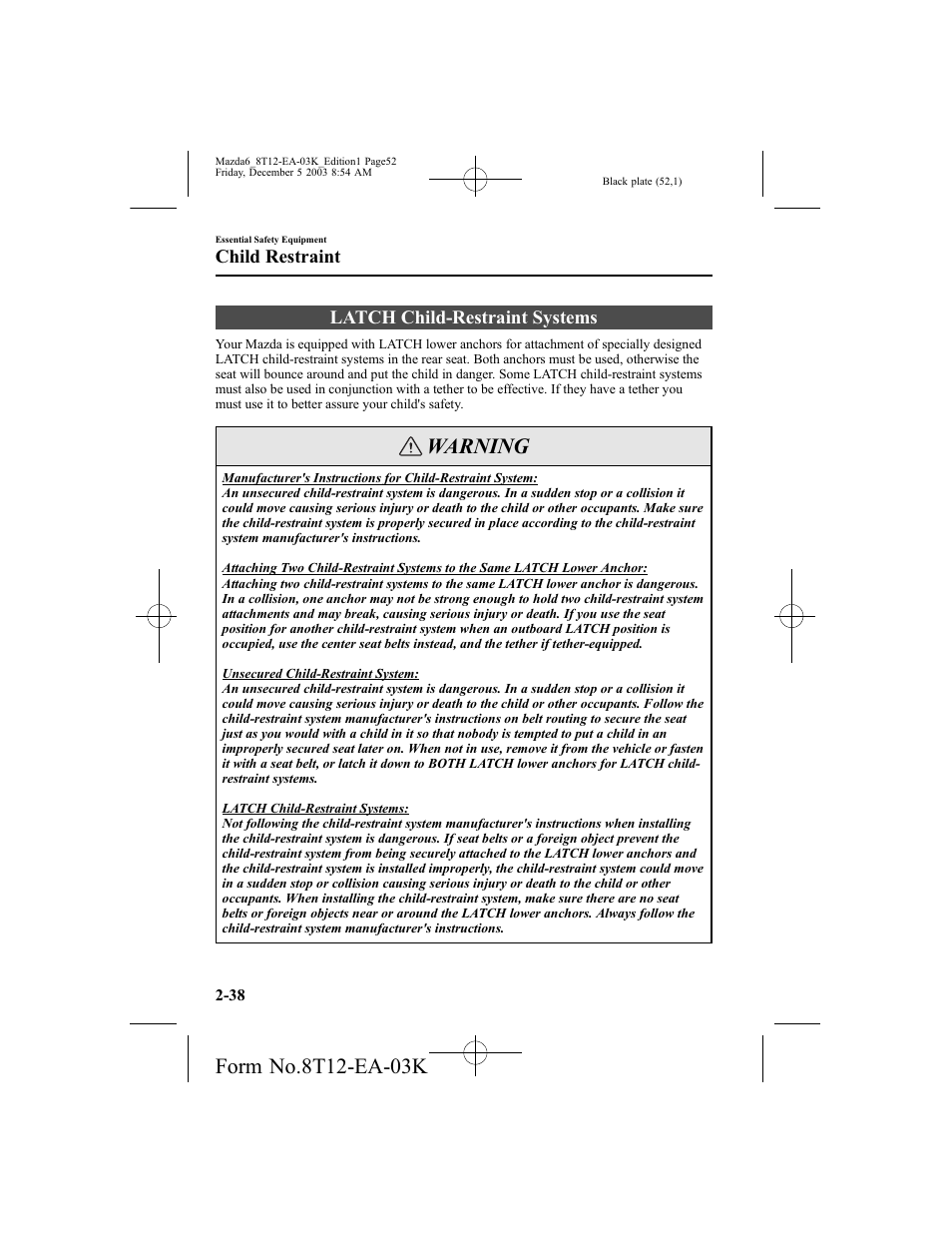 Warning, Latch child-restraint systems, Child restraint | Mazda 8T12-EA-03K User Manual | Page 52 / 326