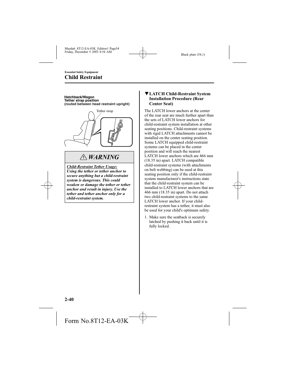 Warning, Child restraint | Mazda 8T12-EA-03K User Manual | Page 54 / 326