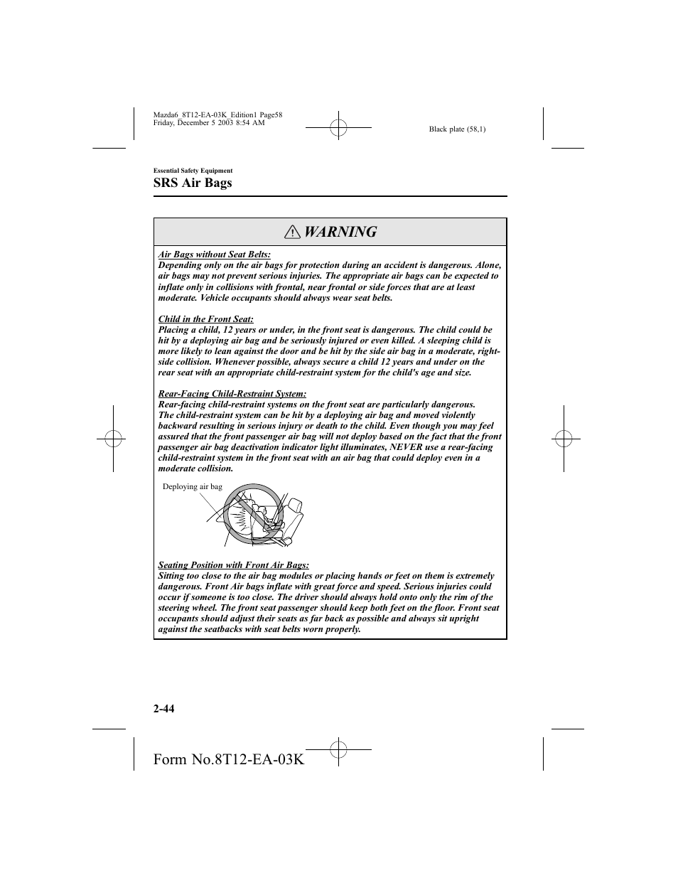 Warning, Srs air bags | Mazda 8T12-EA-03K User Manual | Page 58 / 326