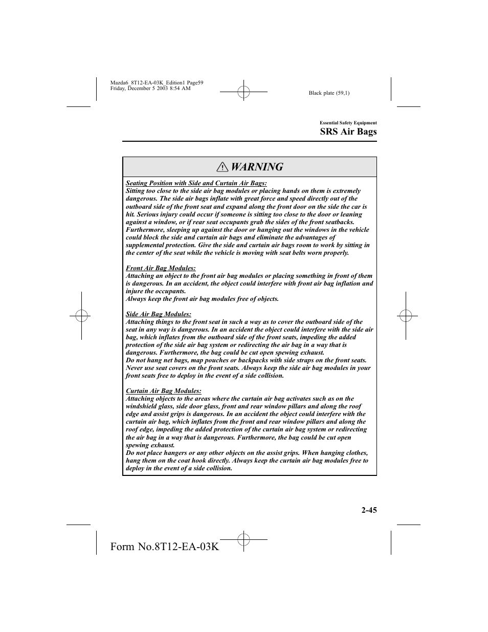 Warning, Srs air bags | Mazda 8T12-EA-03K User Manual | Page 59 / 326