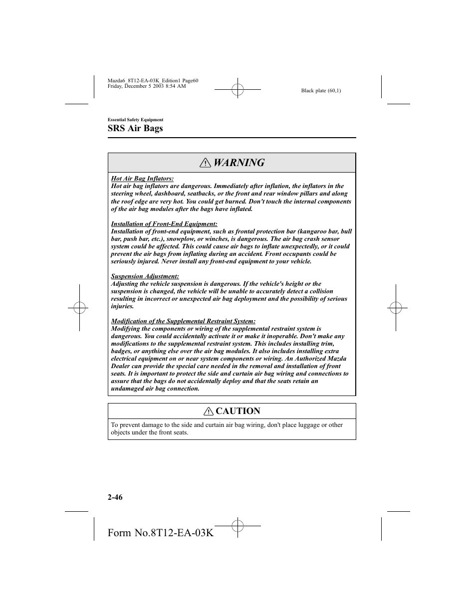 Warning, Caution, Srs air bags | Mazda 8T12-EA-03K User Manual | Page 60 / 326