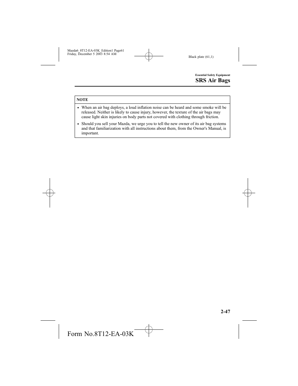 Srs air bags | Mazda 8T12-EA-03K User Manual | Page 61 / 326