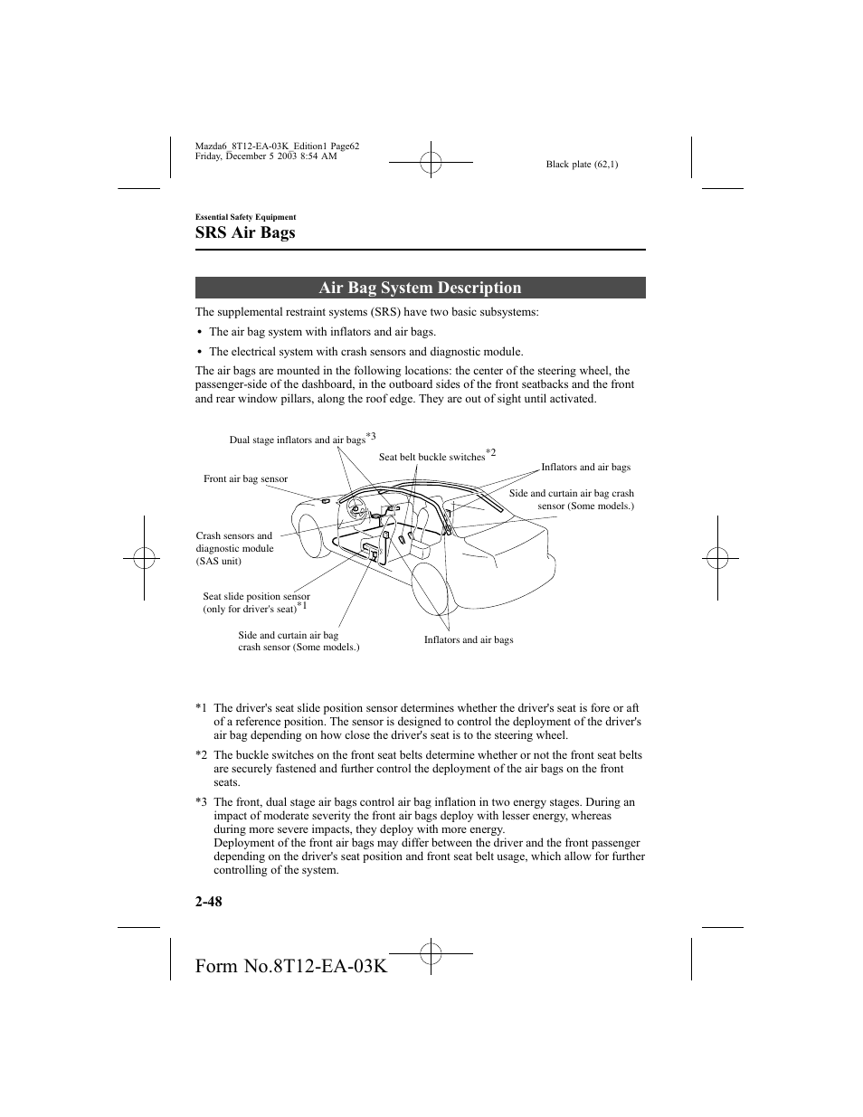 Air bag system description, Srs air bags | Mazda 8T12-EA-03K User Manual | Page 62 / 326