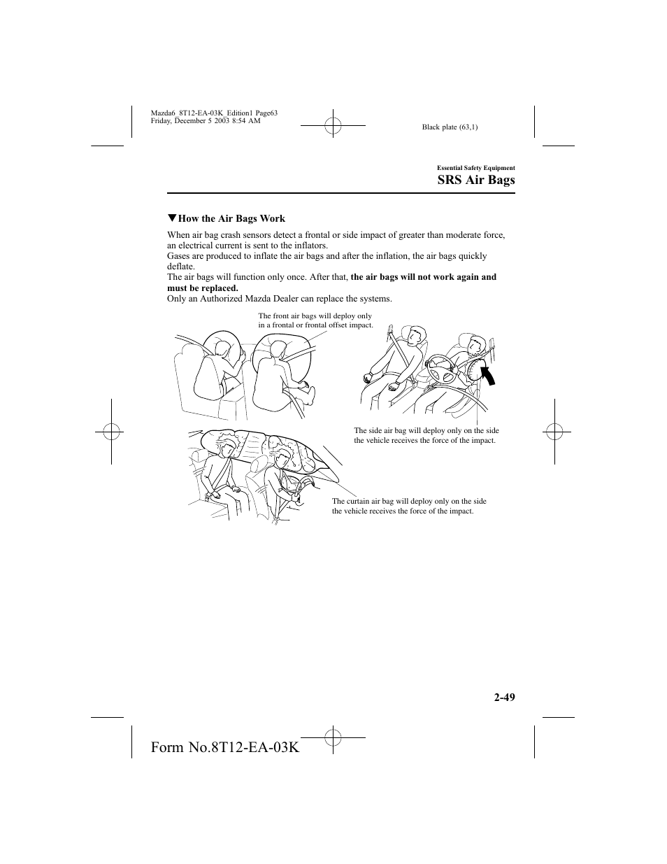 Srs air bags | Mazda 8T12-EA-03K User Manual | Page 63 / 326