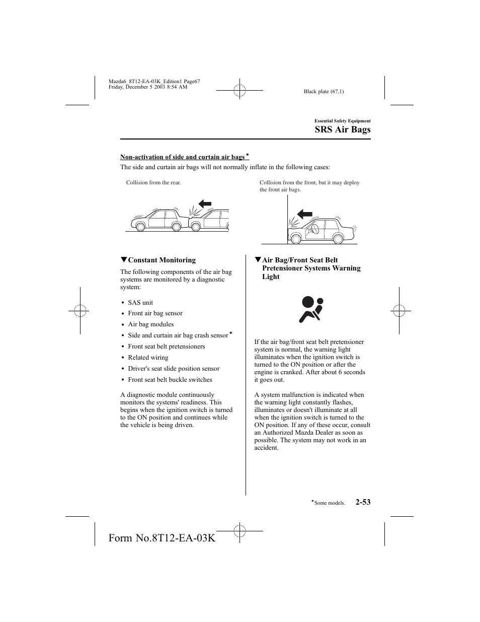 Srs air bags, Qconstant monitoring | Mazda 8T12-EA-03K User Manual | Page 67 / 326