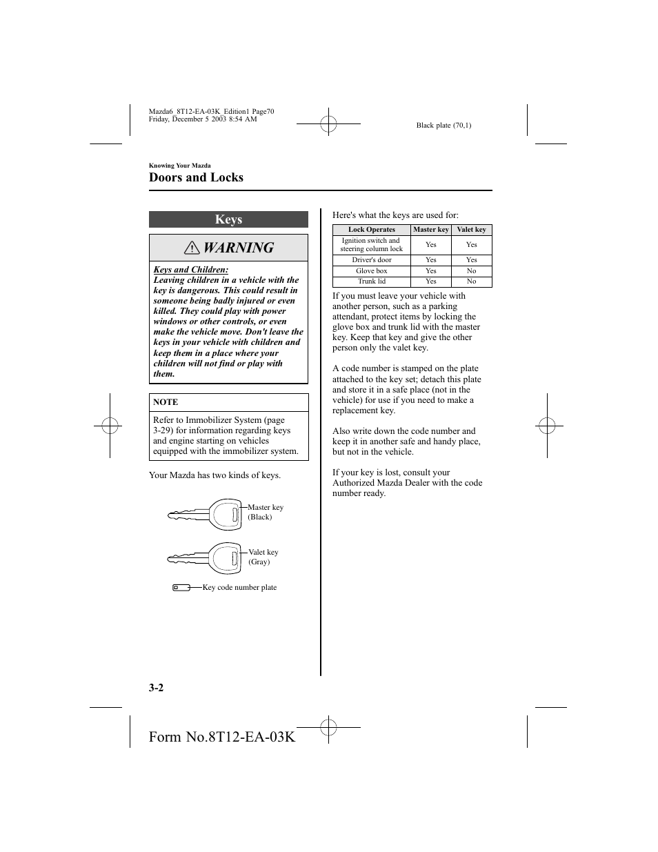 Warning, Keys, Doors and locks | Mazda 8T12-EA-03K User Manual | Page 70 / 326
