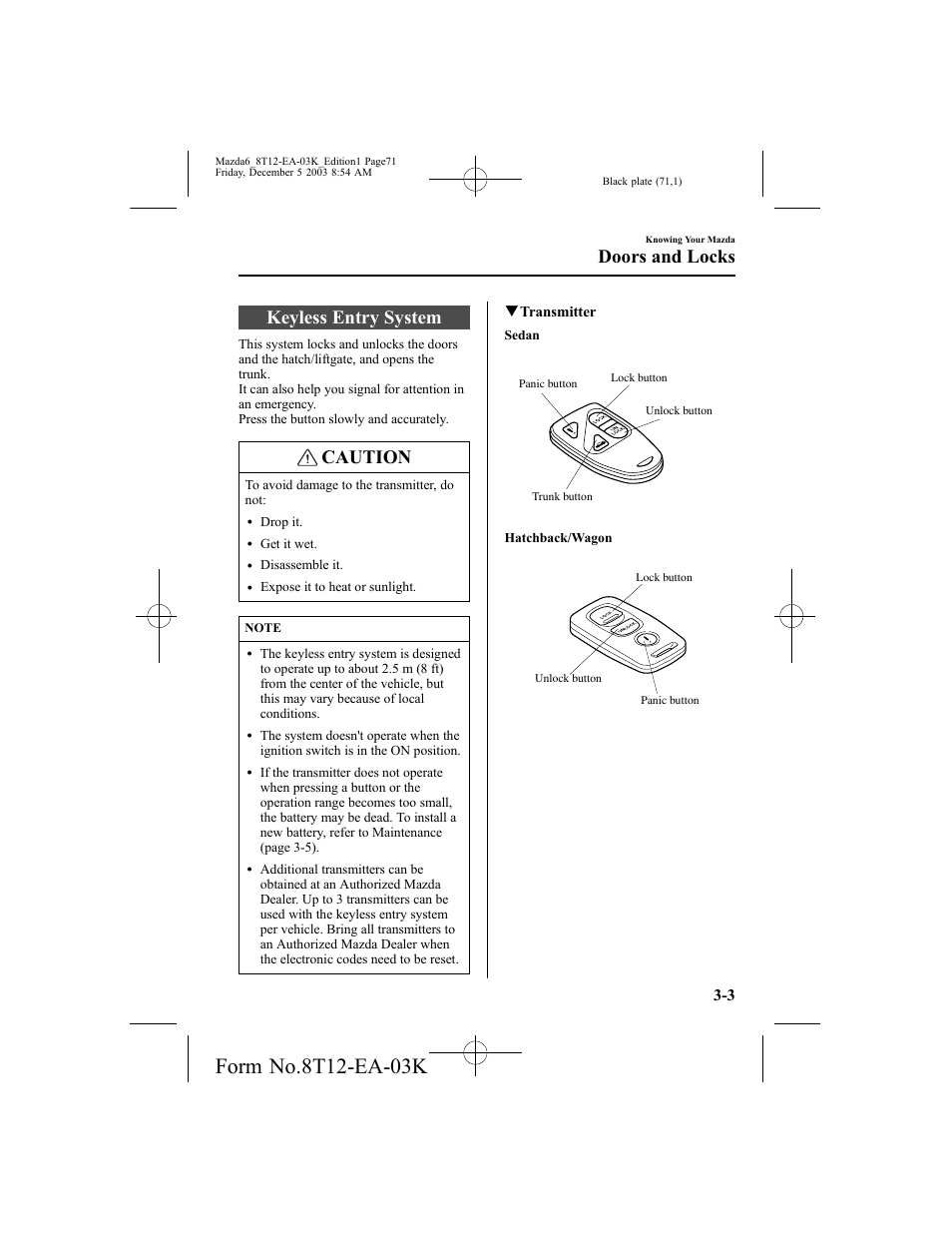 Keyless entry system, Caution, Doors and locks | Mazda 8T12-EA-03K User Manual | Page 71 / 326