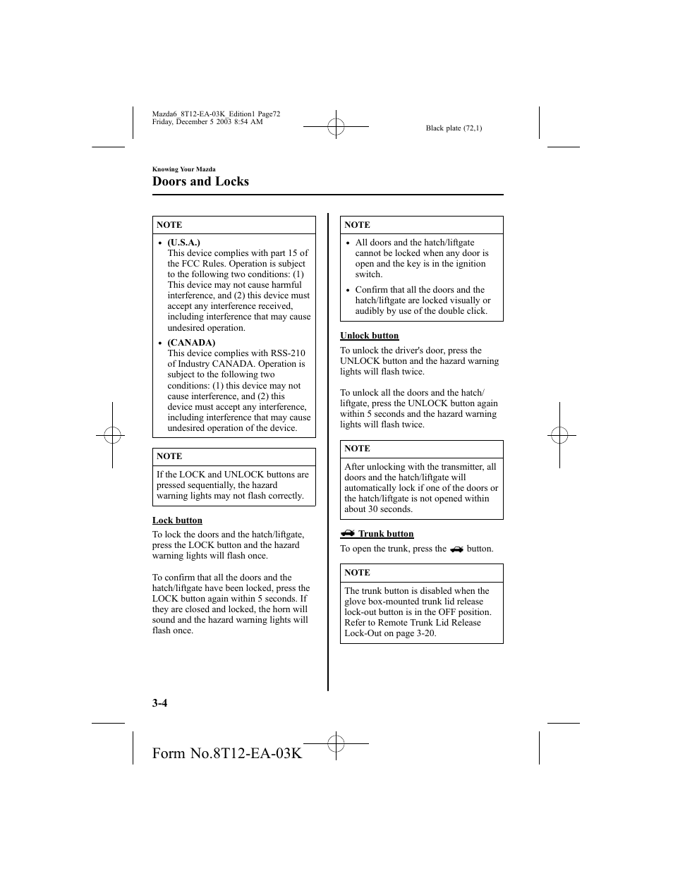 Doors and locks | Mazda 8T12-EA-03K User Manual | Page 72 / 326