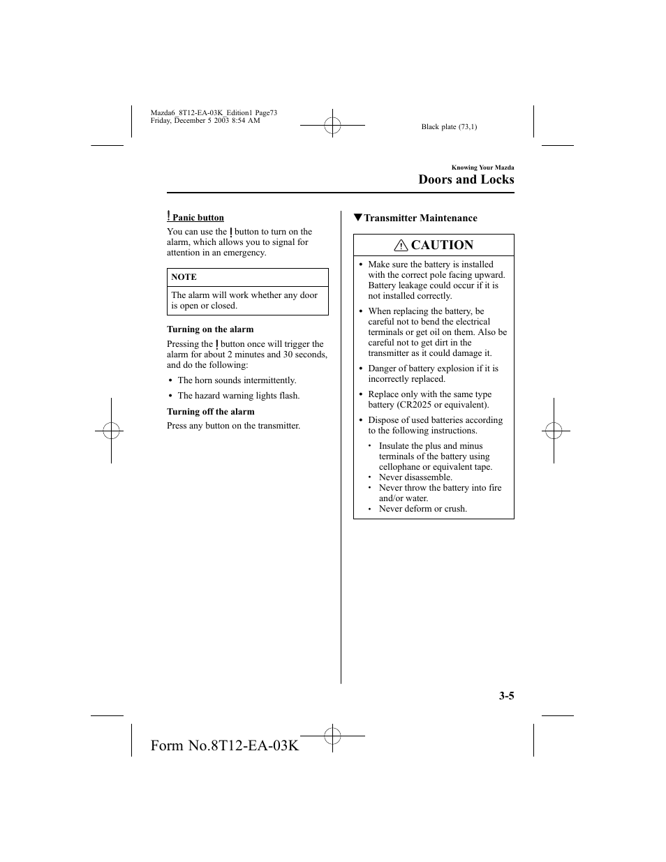 Caution, Doors and locks, Qtransmitter maintenance | Mazda 8T12-EA-03K User Manual | Page 73 / 326