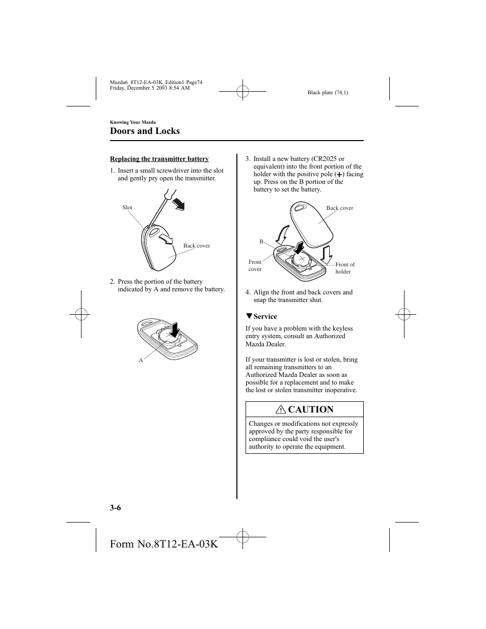 Caution, Doors and locks | Mazda 8T12-EA-03K User Manual | Page 74 / 326