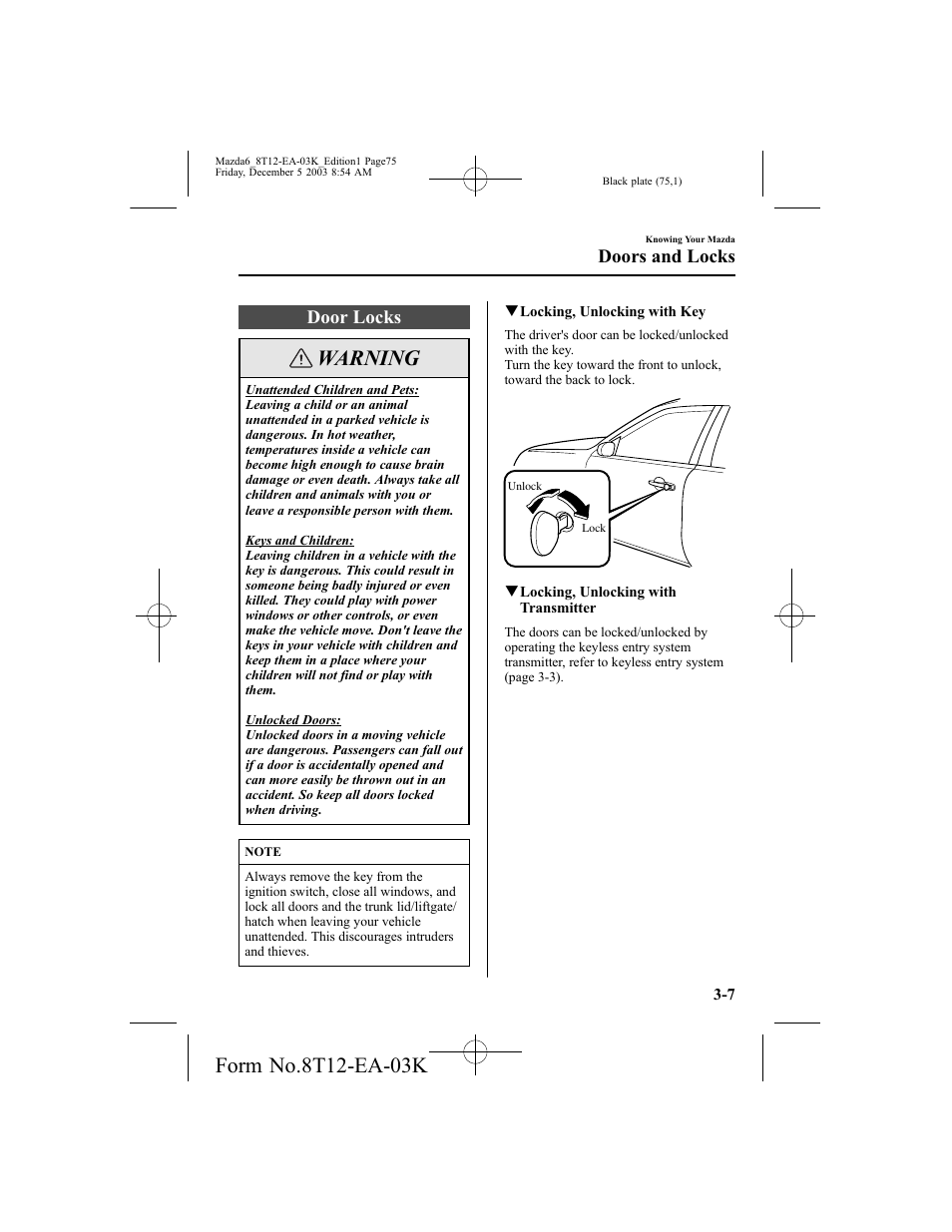 Warning, Door locks, Doors and locks | Mazda 8T12-EA-03K User Manual | Page 75 / 326