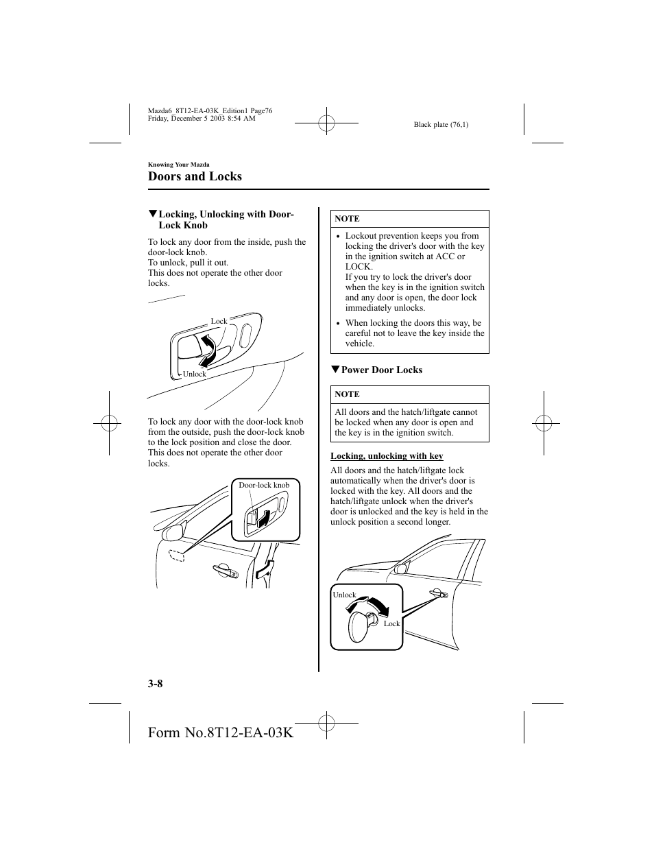 Doors and locks | Mazda 8T12-EA-03K User Manual | Page 76 / 326