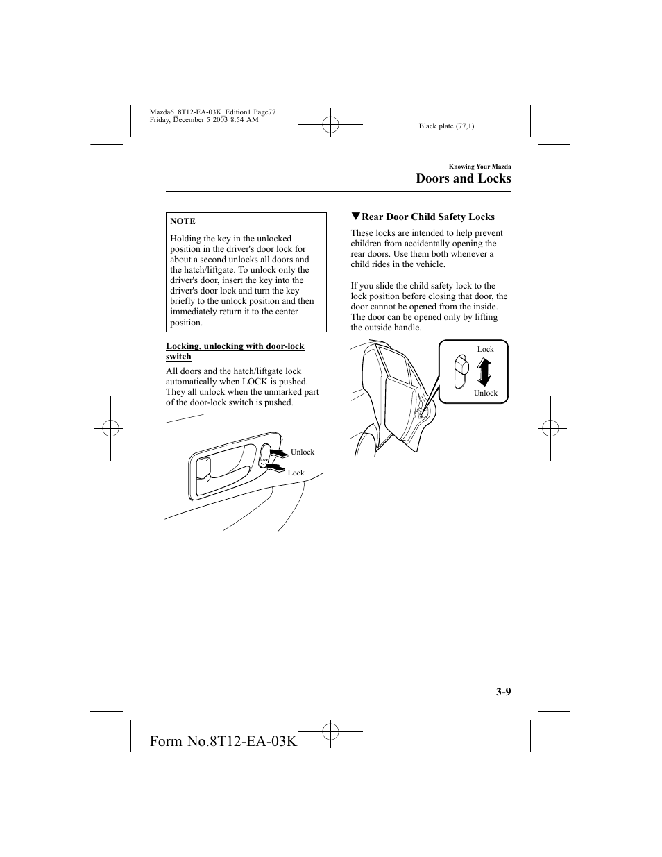 Doors and locks | Mazda 8T12-EA-03K User Manual | Page 77 / 326