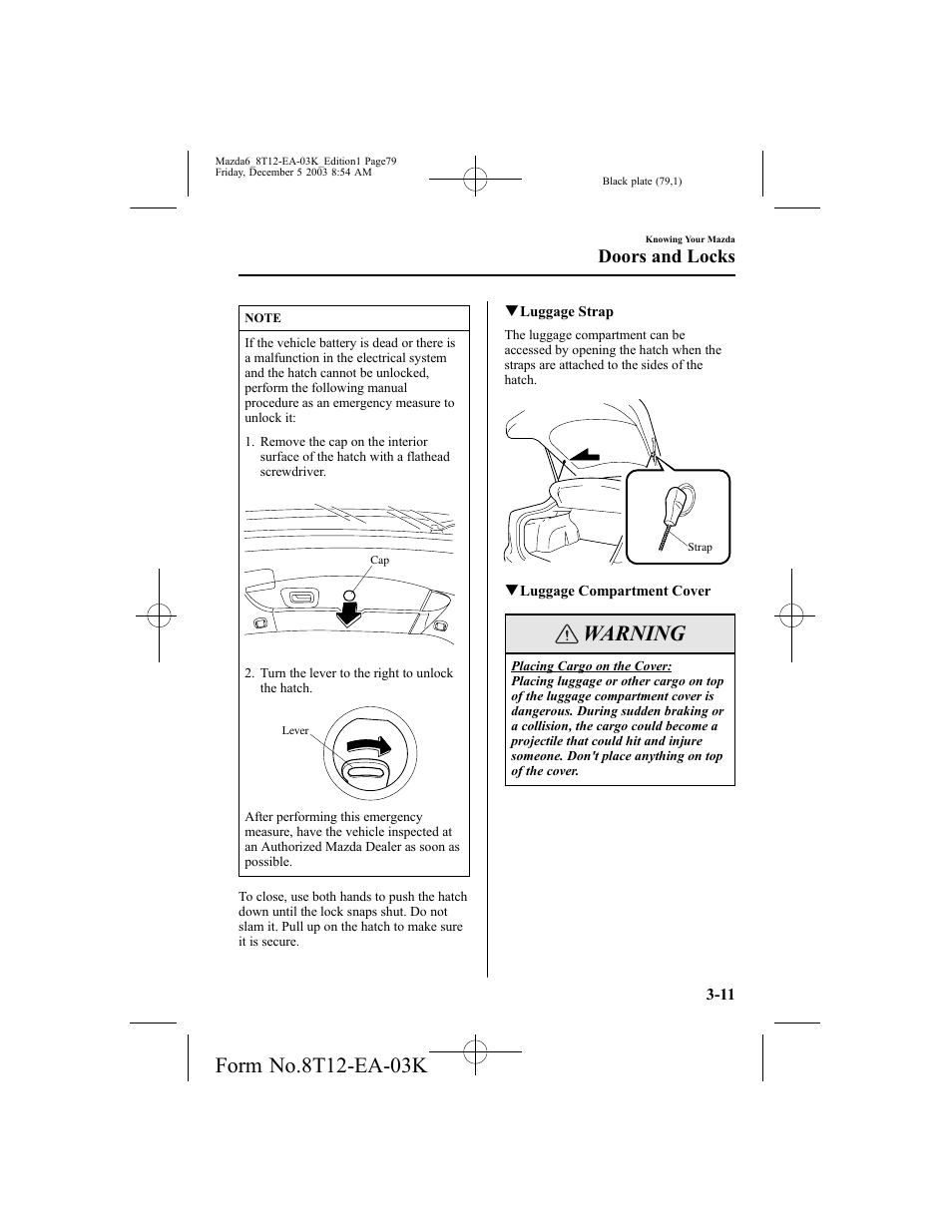 Warning, Doors and locks | Mazda 8T12-EA-03K User Manual | Page 79 / 326